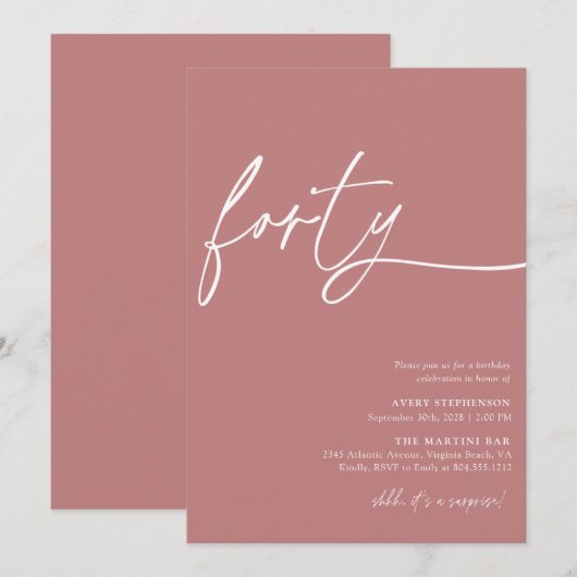 Modern Script Fortieth Birthday Party Einladung (Vorne/Hinten)