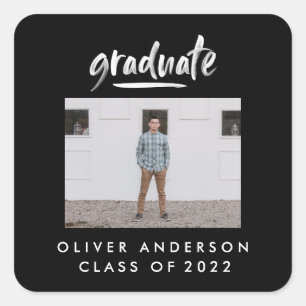 Modern Script Foto Black and White Graduation Quadratischer Aufkleber
