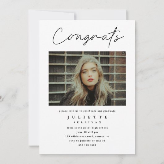 Modern Script Foto Collage Abschluss Einladung (Rückseite)