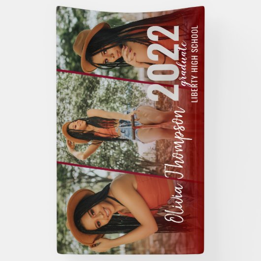 Modern Script Foto Collage Burgundy Abschluss Banner (Vertikal)