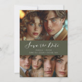 Modern Script Foto Collage Olive Green Save The Date (Vorderseite)