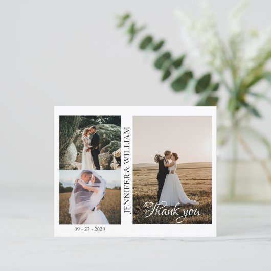 Modern Script Foto Collage Wedding Danke Karte (Stehend Vorderseite)