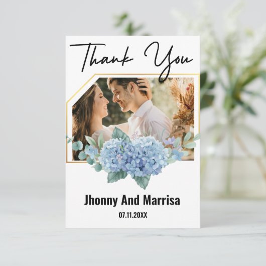 Modern Script Foto Wedding Thank You Card (Stehend Vorderseite)