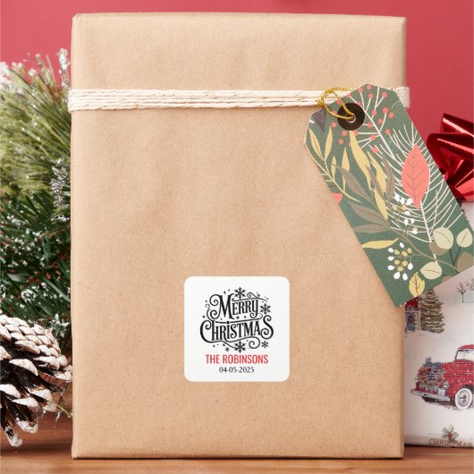 Modern Script Frohe Weihnachten | Benutzerdefinier Quadratischer Aufkleber (Feiertag)