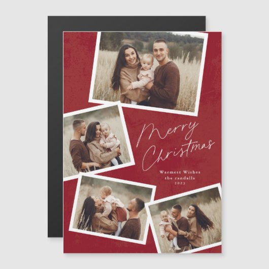 Modern Script Frohe Weihnachts Foto Collage Magnetkarte (Vorne/Hinten)