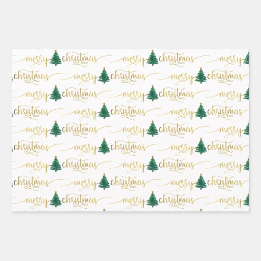 Modern Script frohe Weihnachtsbaum Gold Green Geschenkpapier Set (Vorderseite 2)