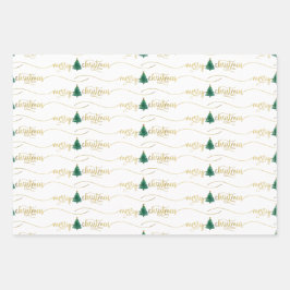 Modern Script frohe Weihnachtsbaum Gold Green Geschenkpapier Set