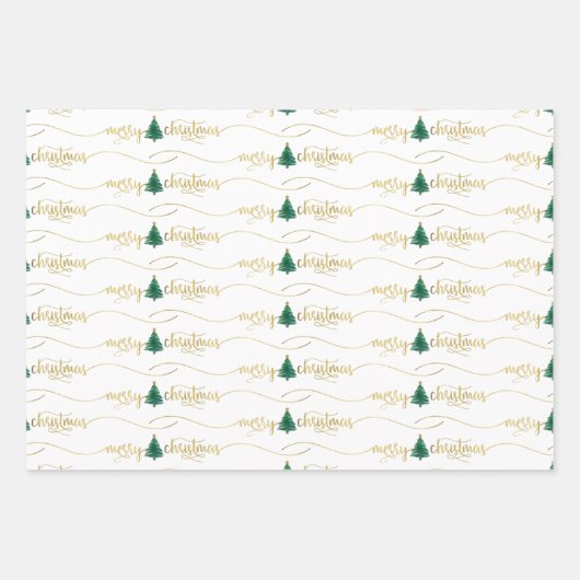 Modern Script frohe Weihnachtsbaum Gold Green Geschenkpapier Set (Vorderseite)