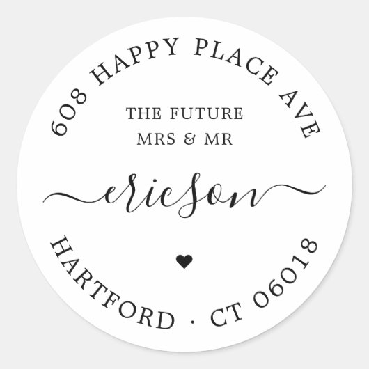 Modern Script Future Mrs. Rücksendeadresse Wedding Runder Aufkleber (Vorderseite)