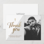 Modern Script Gold Cross Gray Boy First Communatio Dankeskarte (Vorne/Hinten)