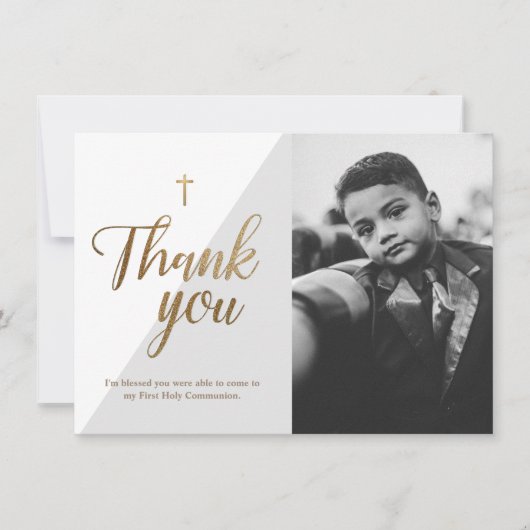 Modern Script Gold Cross Gray Boy First Communatio Dankeskarte (Vorderseite)