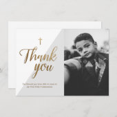 Modern Script Gold Cross Grey Boy First Communion Dankeskarte (Vorne/Hinten)