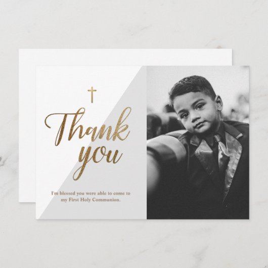 Modern Script Gold Cross Grey Boy First Communion Dankeskarte (Vorne/Hinten)