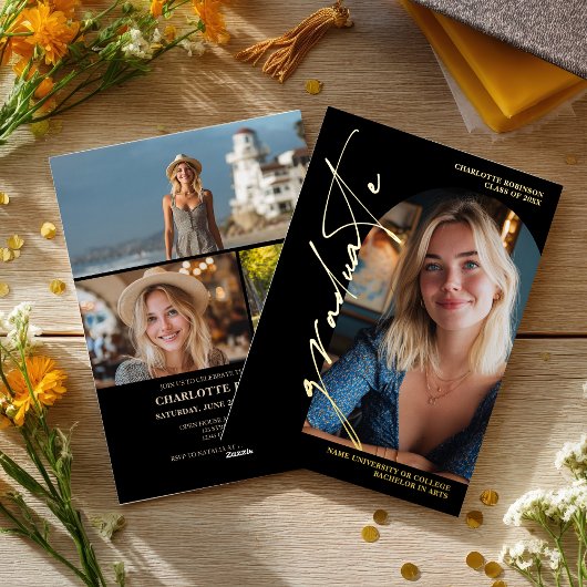 Modern Script gold graduate photo graduation Folieneinladung