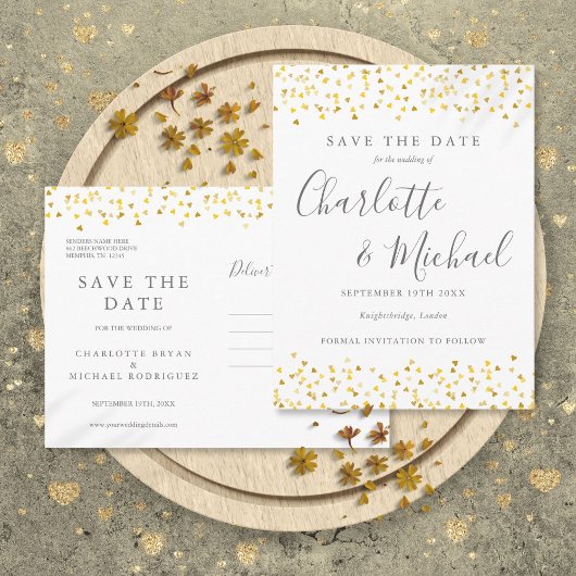 Modern Script Gold Hearts Confetti Save the Date Ankündigungspostkarte