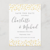 Modern Script Gold Hearts Confetti Save the Date Ankündigungspostkarte (Vorderseite)
