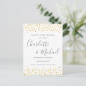 Modern Script Gold Hearts Confetti Save the Date Ankündigungspostkarte (Stehend Vorderseite)