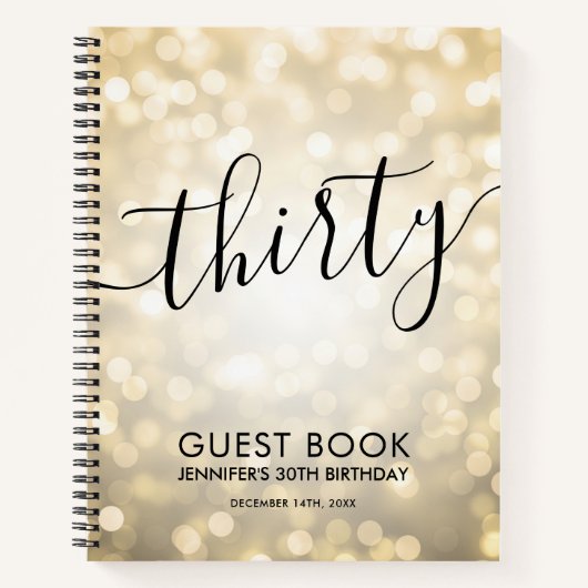 Modern Script Gold Lights 30th Birthday GUEST BOOK Notizblock (Vorderseite)
