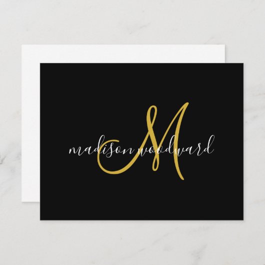 Modern Script Gold Monogram Black Mitteilungskarte (Vorne/Hinten)