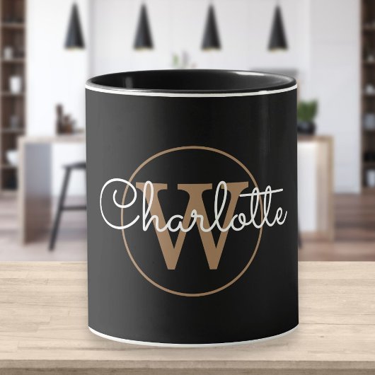 Modern Script Gold Monogram Black Tasse