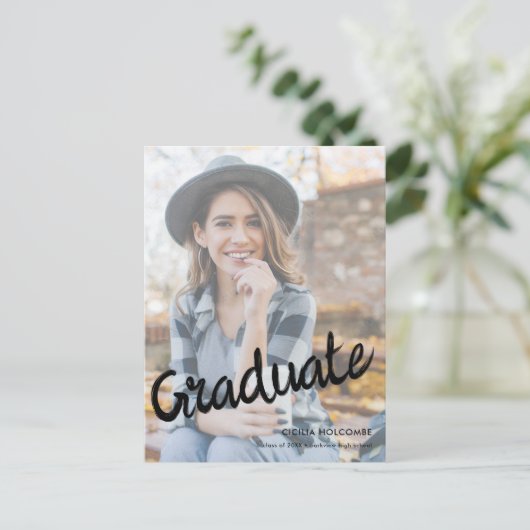 Modern Script Graduate Simple Photo Graduation  Postkarte (Stehend Vorderseite)