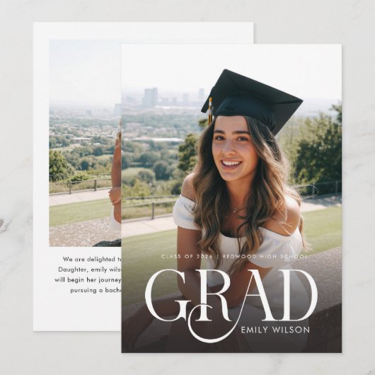 Modern Script Graduate Simple Two Photo Graduation Ankündigung (Vorne/Hinten)