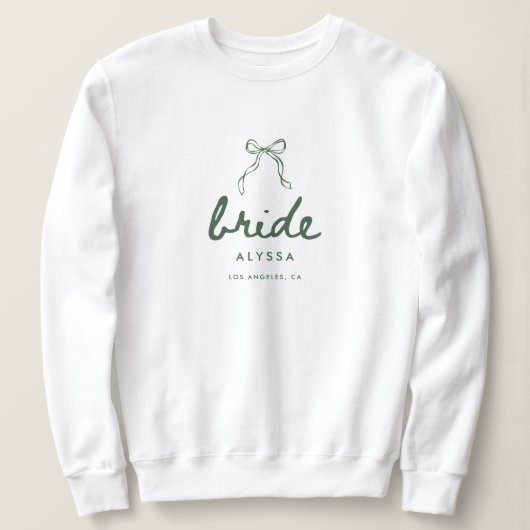 Modern Script Green Coquette Bow Bride Wedding Sweatshirt (Design vorne)