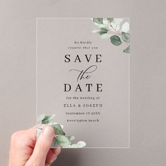 Modern Script Green Leaf Wedding Save The Date Acryleinladungen (Insitu (Handheld))