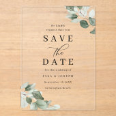 Modern Script Green Leaf Wedding Save The Date Acryleinladungen (Vorderseite)