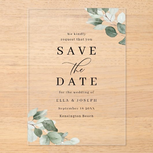 Modern Script Green Leaf Wedding Save The Date Acryleinladungen (Vorderseite)