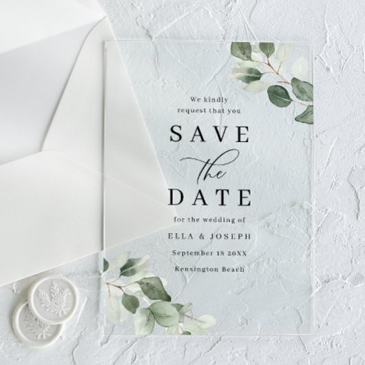 Modern Script Green Leaf Wedding Save The Date Acryleinladungen