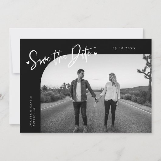 Modern Script Heart Black Curved Frame Photo Save The Date (Vorderseite)