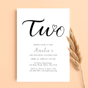Modern Script Heart Boho Simple 2. Geburtstag Einladung