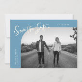 Modern Script Heart Denim Blue Curved Frame Photo Save The Date (Vorderseite)