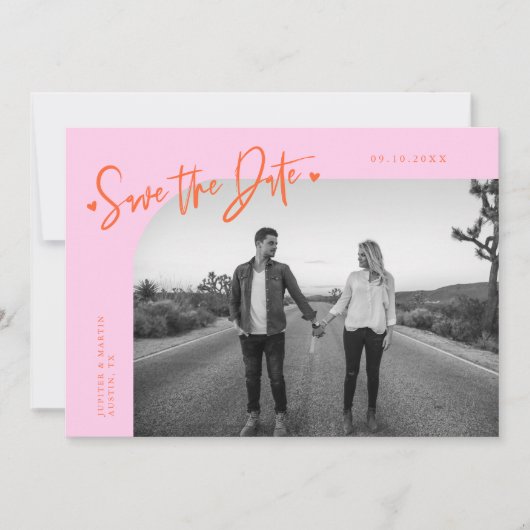 Modern Script Heart Orange Pink Curved Frame Photo Save The Date (Vorderseite)
