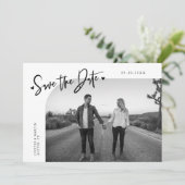 Modern Script Heart White Curved Frame Photo Save The Date (Stehend Vorderseite)