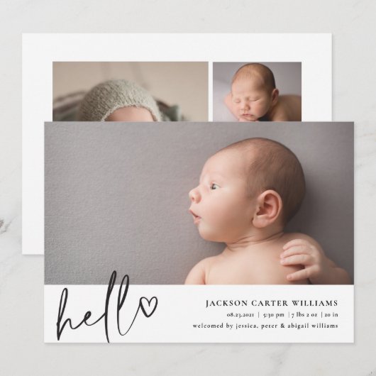 Modern Script Hello Foto Geburtserklärung Ankündigung (Vorne/Hinten)