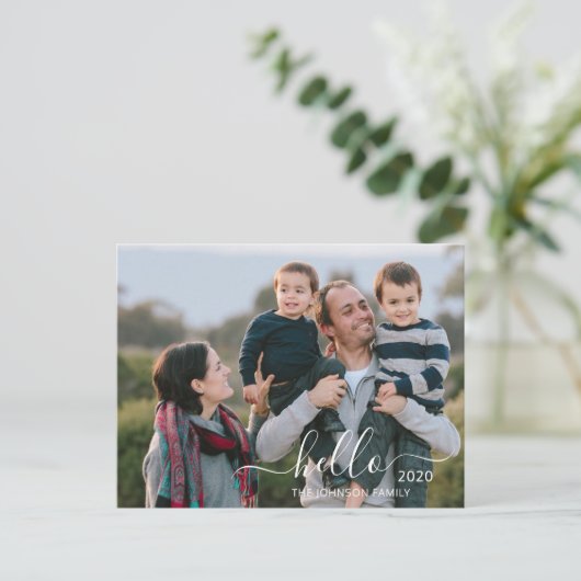 Modern Script Hello Happy New Year Foto Postkarte (Stehend Vorderseite)