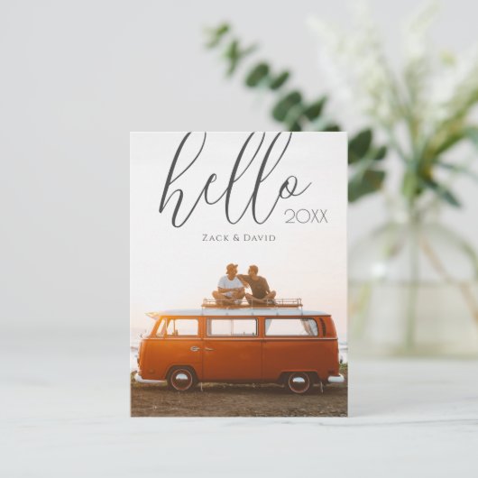 Modern Script Hello Happy New Year Foto Postkarte (Stehend Vorderseite)