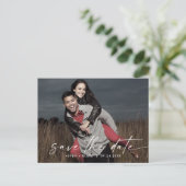Modern Script Horizontal Dark Photo Save the Date Einladungspostkarte (Stehend Vorderseite)