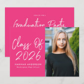 Modern Script Hot Pink Photo Graduation Party Einladung (Vorne/Hinten)