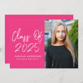 Modern Script Hot Pink Photo Graduation Party Einladung (Vorne/Hinten)