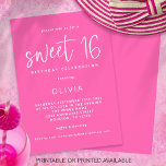 Modern Script Hot Pink Sweet 16 Birthday Party Einladung<br><div class="desc">Prnitable or Printed Modern Script Hot Pink Sweet 16 Birthday Party. Minimalist typographical style for the 16th birthday party girl, with a set informal script for Sweet 16 and the rest of the text you can easily personalise. The text and background colors can be changed if you wish via the...</div>