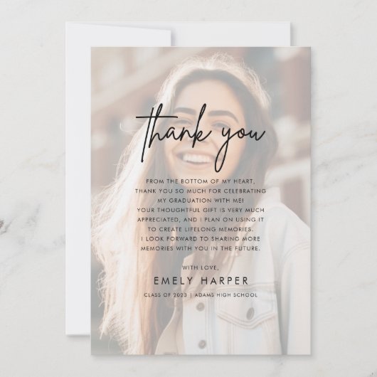Modern Script Imitats Vellum Overlay Foto Abschlus Dankeskarte (Vorderseite)
