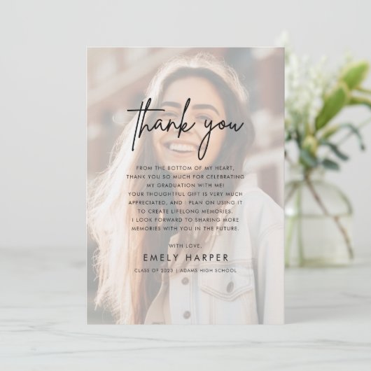 Modern Script Imitats Vellum Overlay Foto Abschlus Dankeskarte (Stehend Vorderseite)