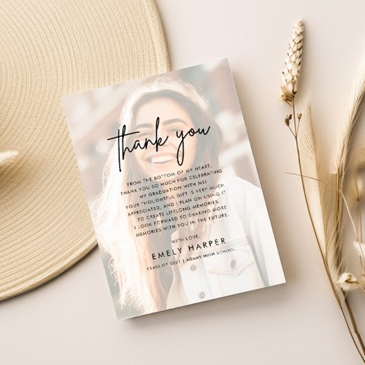 Modern Script Imitats Vellum Overlay Foto Abschlus Dankeskarte