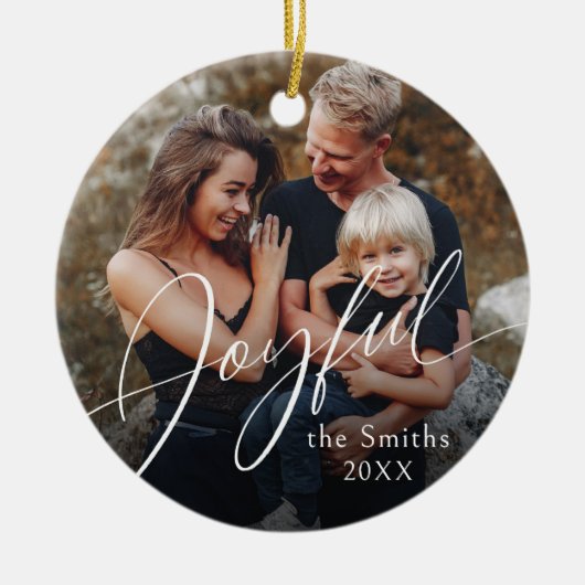Modern Script Joyful Christmas Family Photo Keramik Ornament (Vorne)