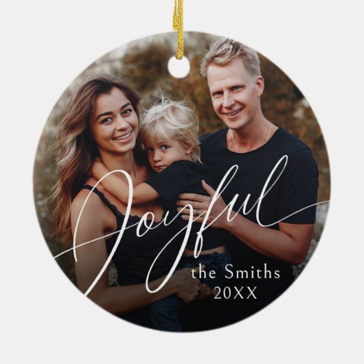 Modern Script Joyful Christmas Family Photo Keramik Ornament (Hinten)