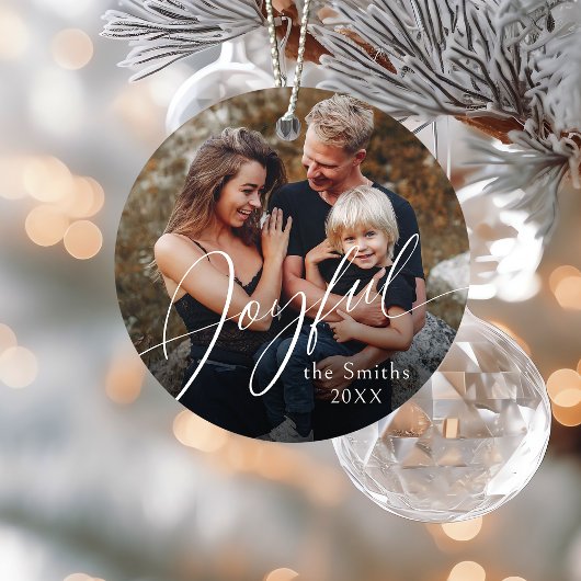 Modern Script Joyful Christmas Family Photo Keramik Ornament
