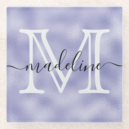 Modern Script Lila Foil Monogram Glasuntersetzer (Vorderseite)